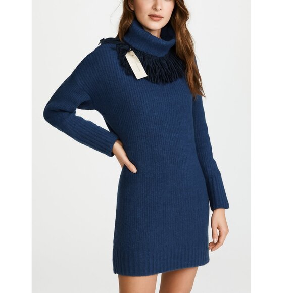 Something Navy Fringe Wool Turtleneck Sweater Dress in Navy Size Small NWT - Picture 1 of 8